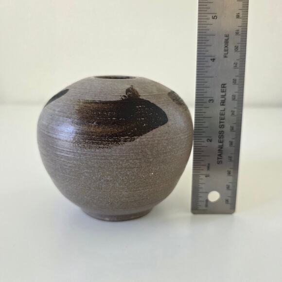 Vintage Studio Pottery Modernist Vase Round Brown Black Brushstroke Design - Picture 8 of 14